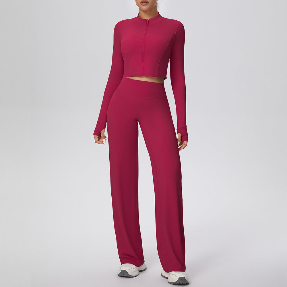 New arrival: solid color double-sided brushed fleece zip-up jacket & wide-leg yoga pants set - perfect for running, fitness, and activewear
