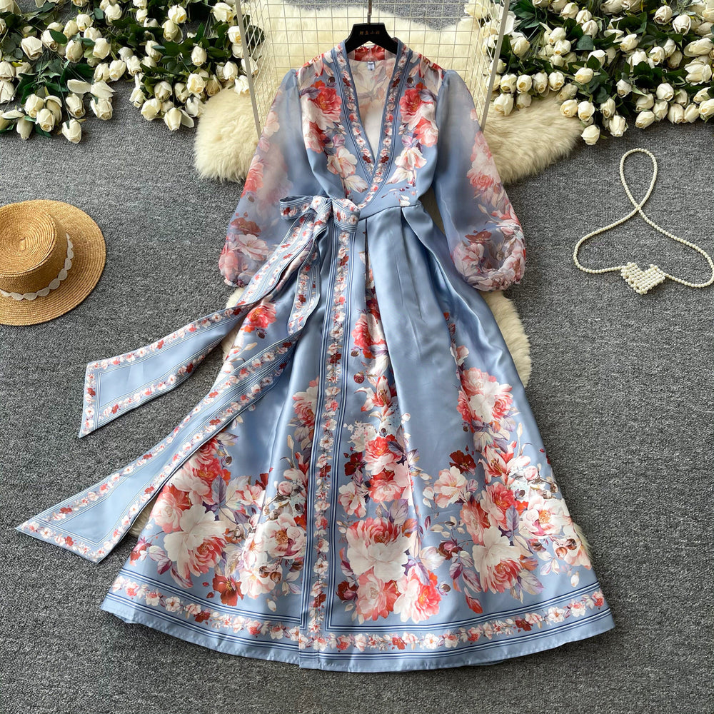 Vintage court style v-neck lantern sleeve printed dress - women's summer tie-waist slimming maxi dress with elegant flare