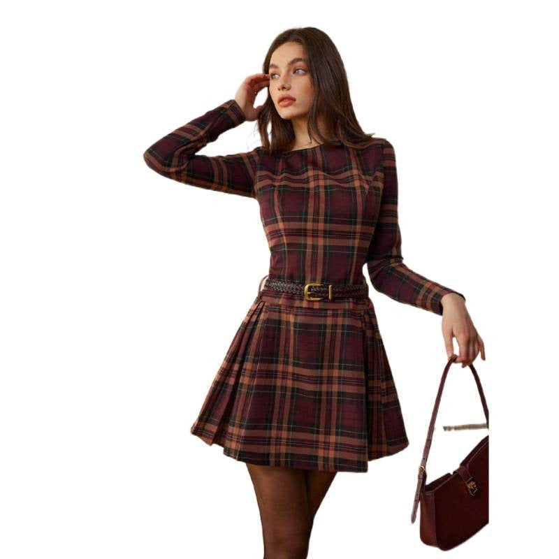 Women's autumn/winter fashionable and elegant round neck plaid long sleeve short dress - perfect for dates (belt not included)