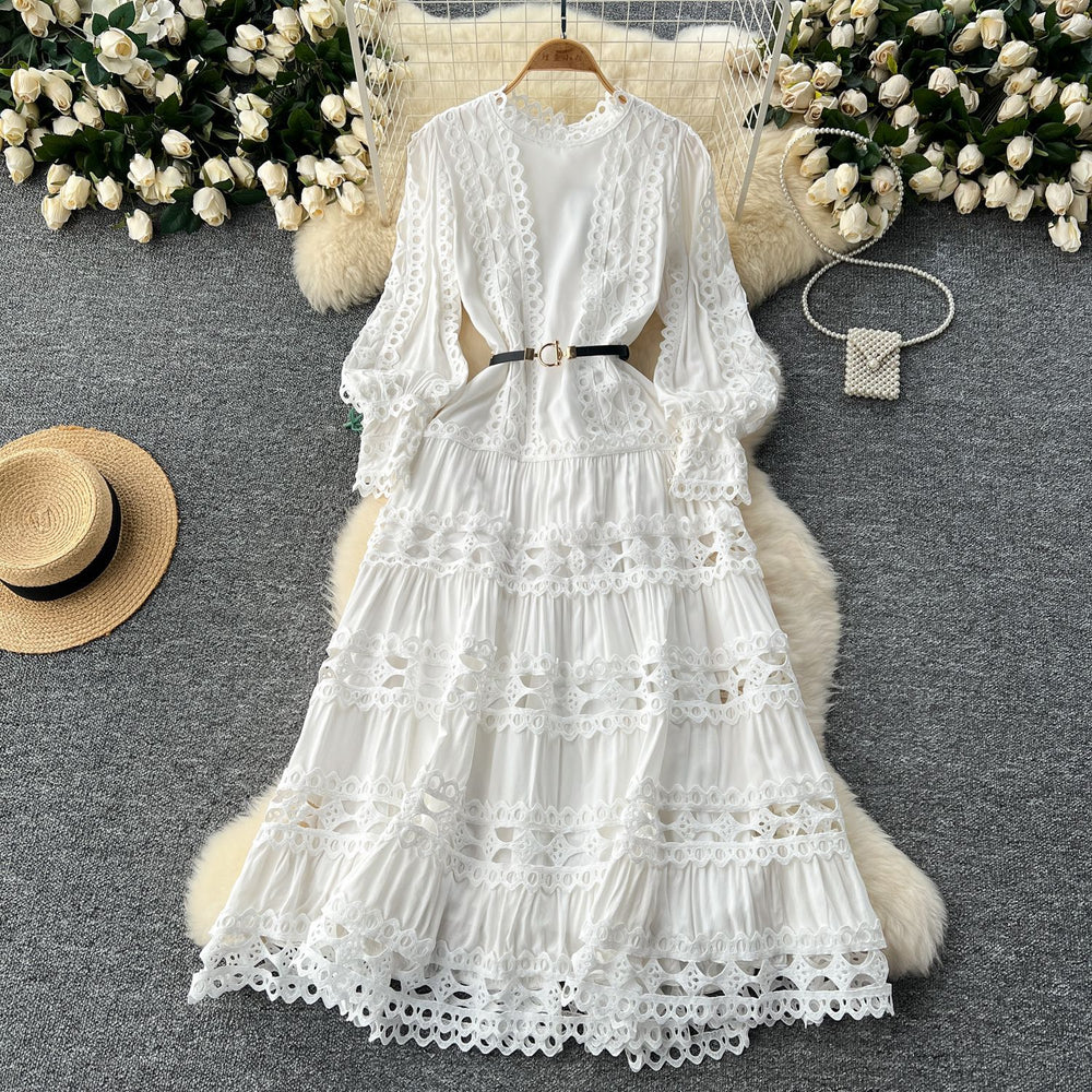 High-end elegant women's evening gown  new collection: court style retro heavily embroidered hollow-out lace patchwork french dress