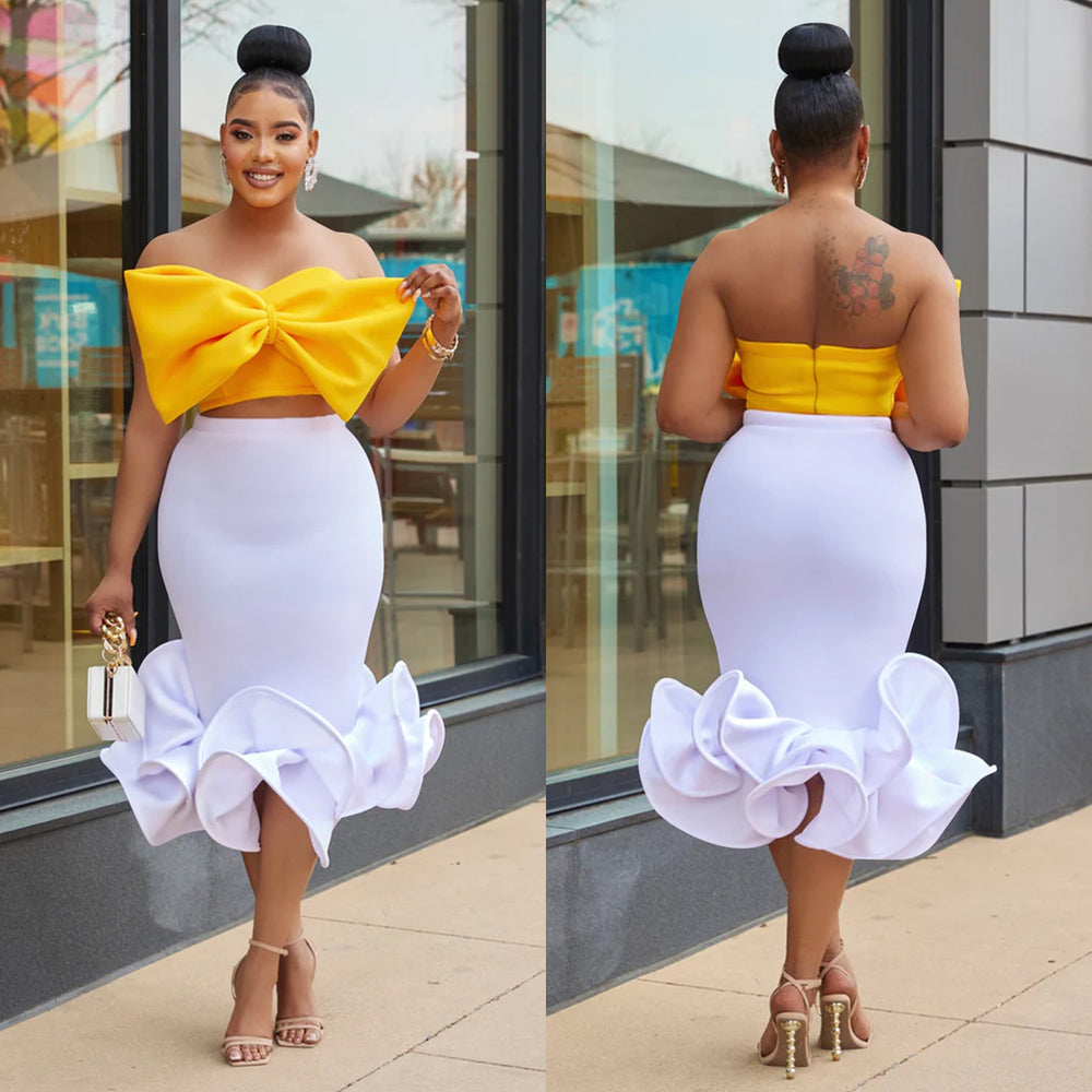 C6397 cross-border   fashion women's sleeveless bandeau bowknot bodycon skirt two-piece set