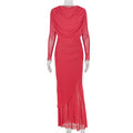 Fashion style cross-border silmelegant women's pure color socialite pleated hip skirt round neck long sleeves new tight trendy dress
