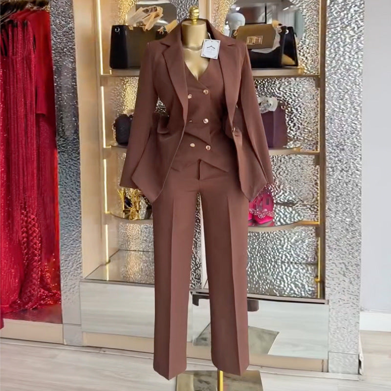 European and american cross-border women's fashion  spring new arrival: elegant commute solid color blazer, vest, and pants three-piece set