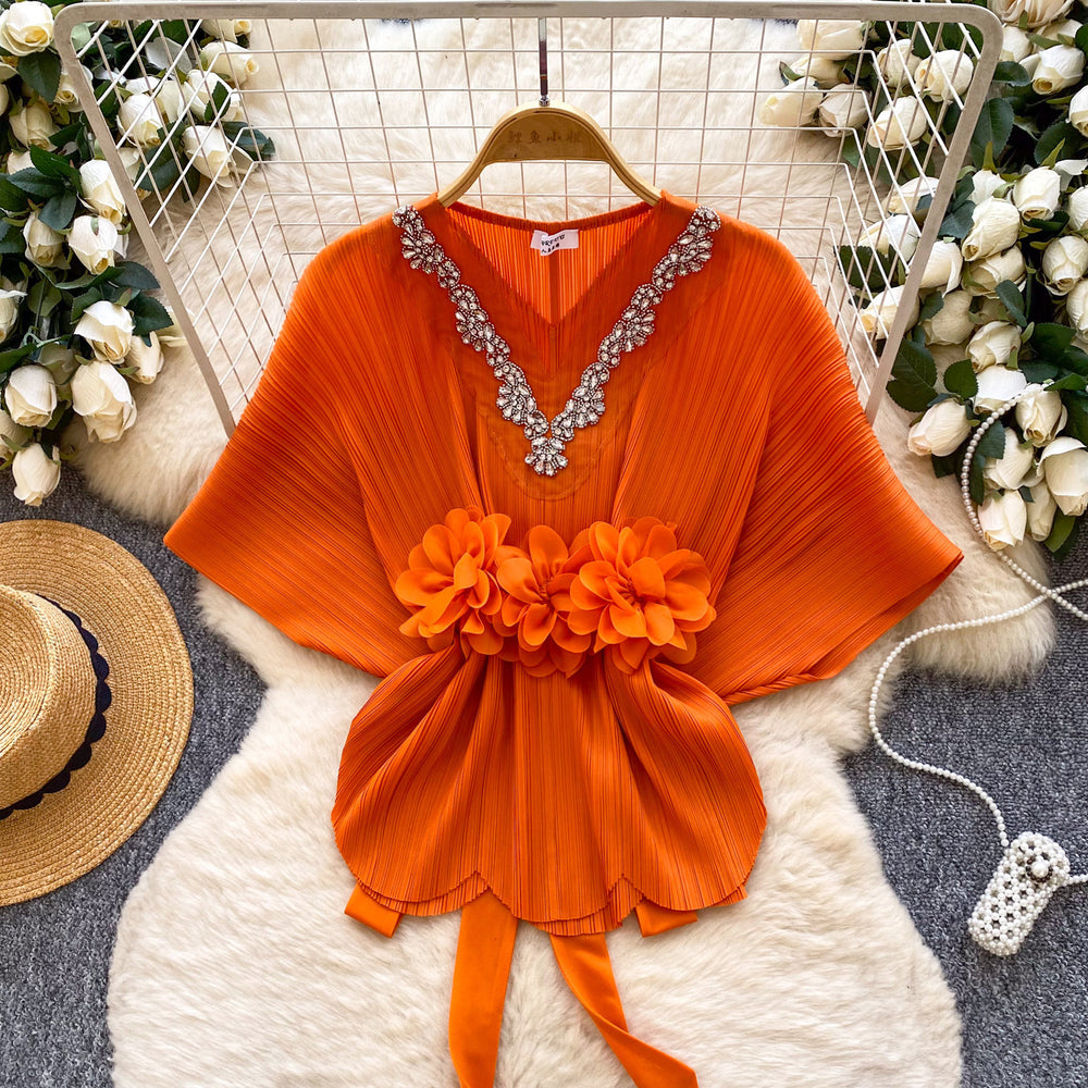 Gentle and lazy style v neckcasual short-sleeved shirt for women  spring strap waist stereo flower decoration tops