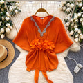 Gentle and lazy style v neckcasual short-sleeved shirt for women  spring strap waist stereo flower decoration tops