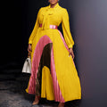 D547 european and american plus size women's clothing  autumn new arrival tie-waist pleated long sleeve color block elegant cross-border dress