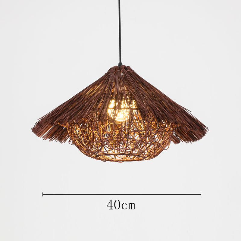 Vintage rattan straw hat chandelier rattan art round bird's nest Chinese pastoral hotel restaurant agritainment bed and breakfast straw hat lamp