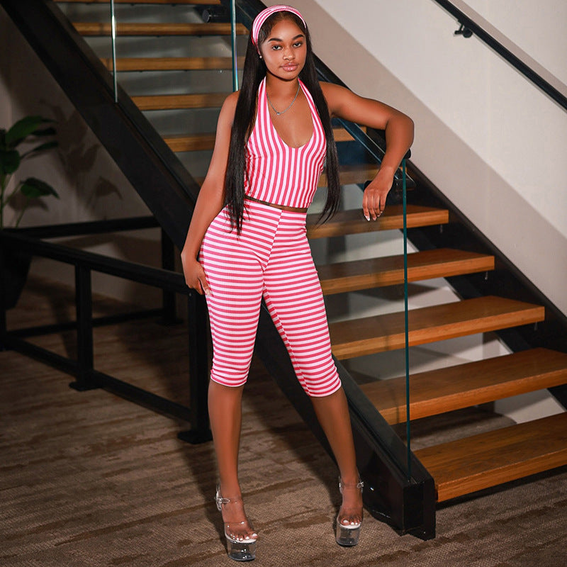 European and american style ins foreign trade personalized printed women's skinny pants set v-neck halter sleeveless hot girl two-piece outfit