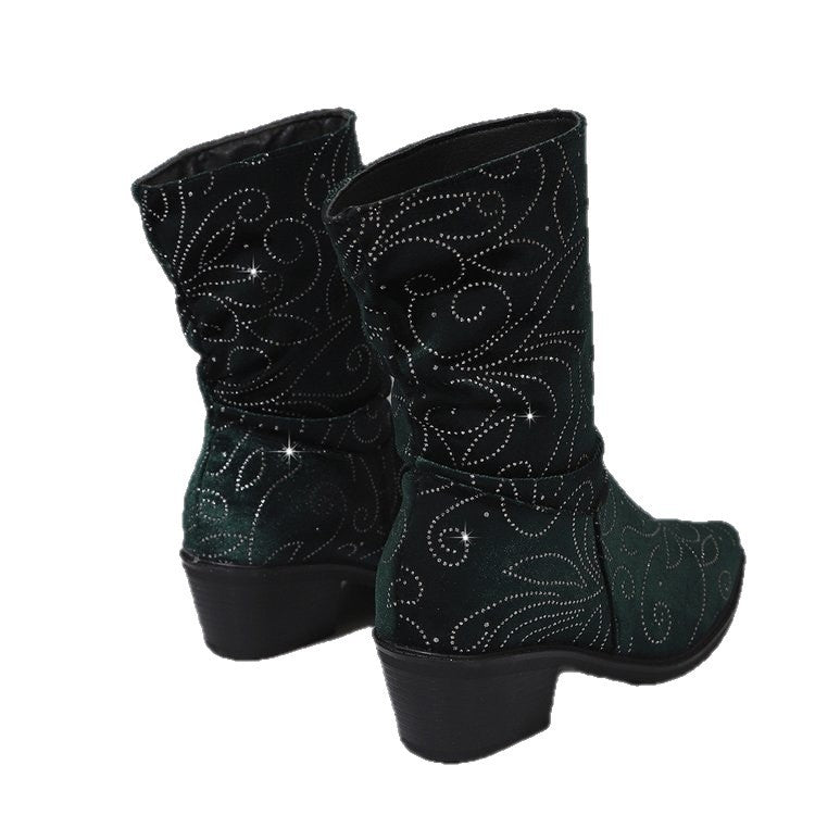 fall/winter new embroidered western cowboy boots for women - pointed toe, chunky heel, mid-calf boots, plus size women's boots, wholesale for export