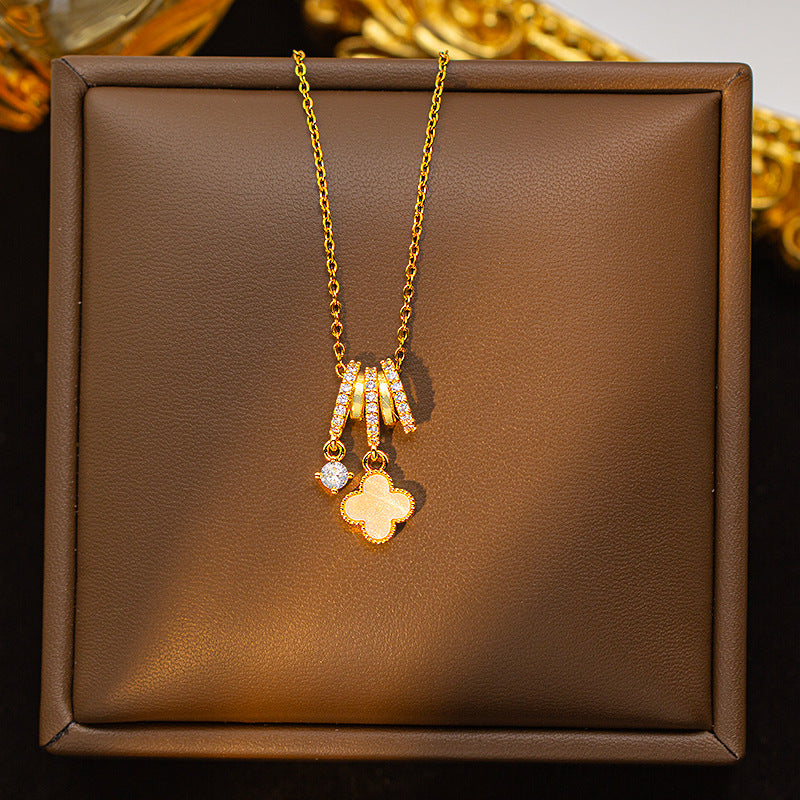 Copper inlaid zirconium four-leaf clover necklace for women, titanium steel real gold plating popularinsfashion flower exquisite sweater chain jewelry