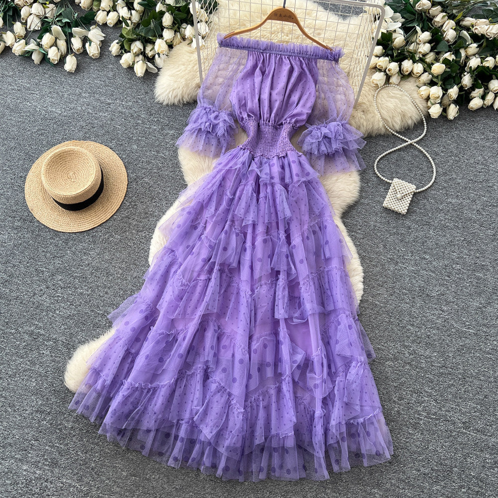 Sweet and lovely pink mesh dress for women, perfect for summer. features an off-the-shoulder design, puff sleeves, a high waist, and an a-line silhouette. an ethereal, fairy-tale style