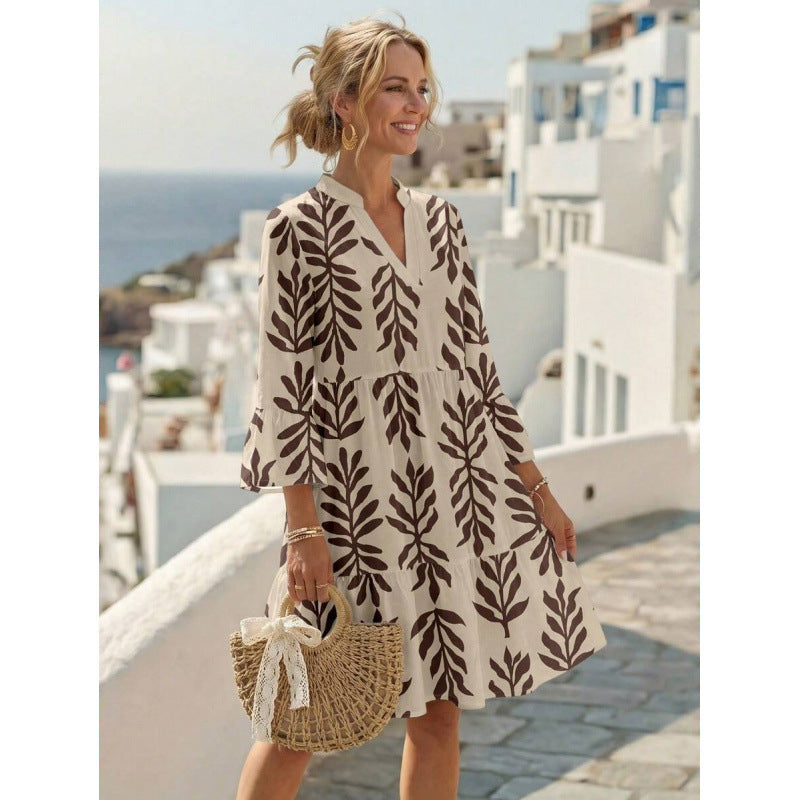 Amazon summer european style casual minimalist elegant bohemian romantic vacation v-neck dress for women