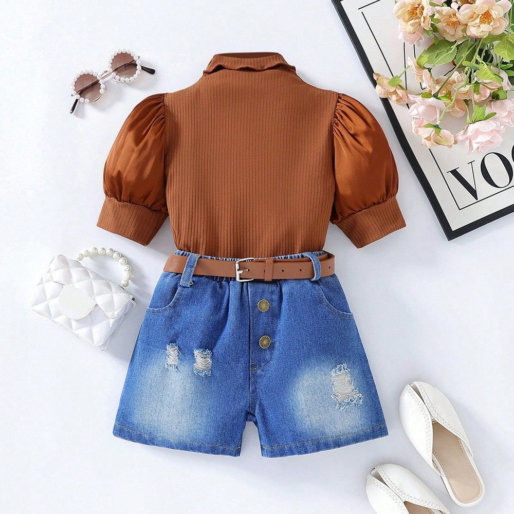 hot selling girls' ruffle-neck bubble sleeve patchwork top & heavy-duty washed denim shorts set with belt
