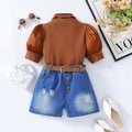 hot selling girls' ruffle-neck bubble sleeve patchwork top & heavy-duty washed denim shorts set with belt