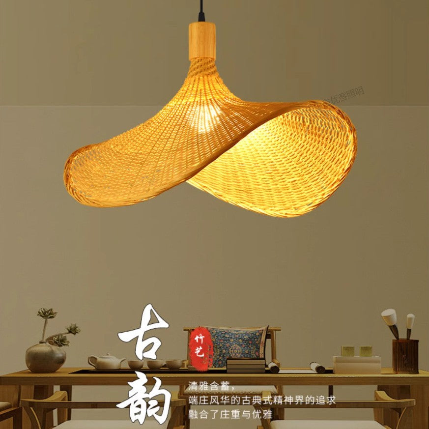 Cross-border Bamboo Chandelier New Chinese Tea Room Rattan Art South East Asia Japanese Lighting Straw Hat Light Tea House Antique Lampshade
