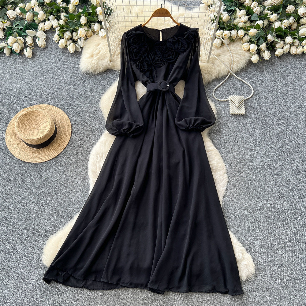 Vintage chic lantern sleeve v-neck lace patchwork dress - women's summer korean style slimming a-line maxi dress