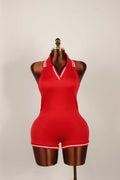 spring european and american cross-border fashion sexy hot girl sleeveless solid color backless halter bodysuit shorts