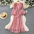 Vintage polka dot v-neck puff sleeve dress - women's summer slimming midi work dress