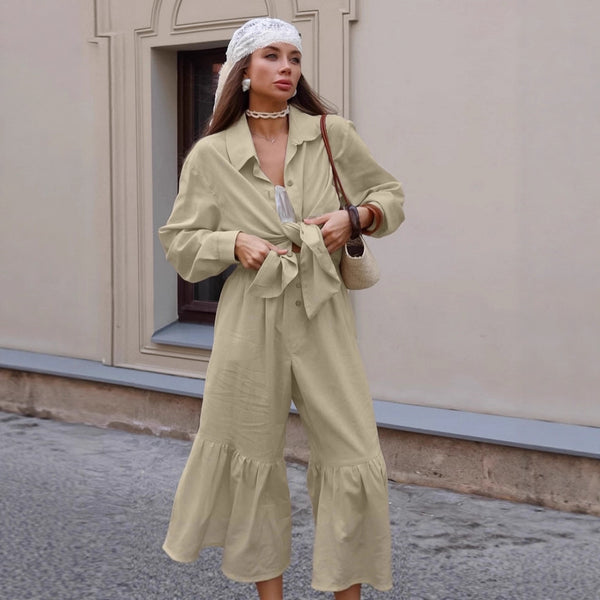 Vacation casual khaki shirt trousers two-piece set women's 2025 autumn design ruffle edge wide-leg trousers set