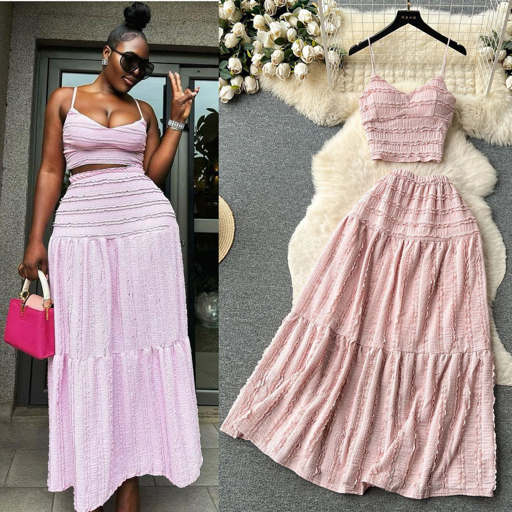 Age-reducing suit women's summer clothing new arrival sling tops shorteasiest for match large swing skirt sweettwo-piece set trendy