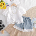 Summer new girls' outfit: bubble sleeve blouse and lace denim shorts two-piece set