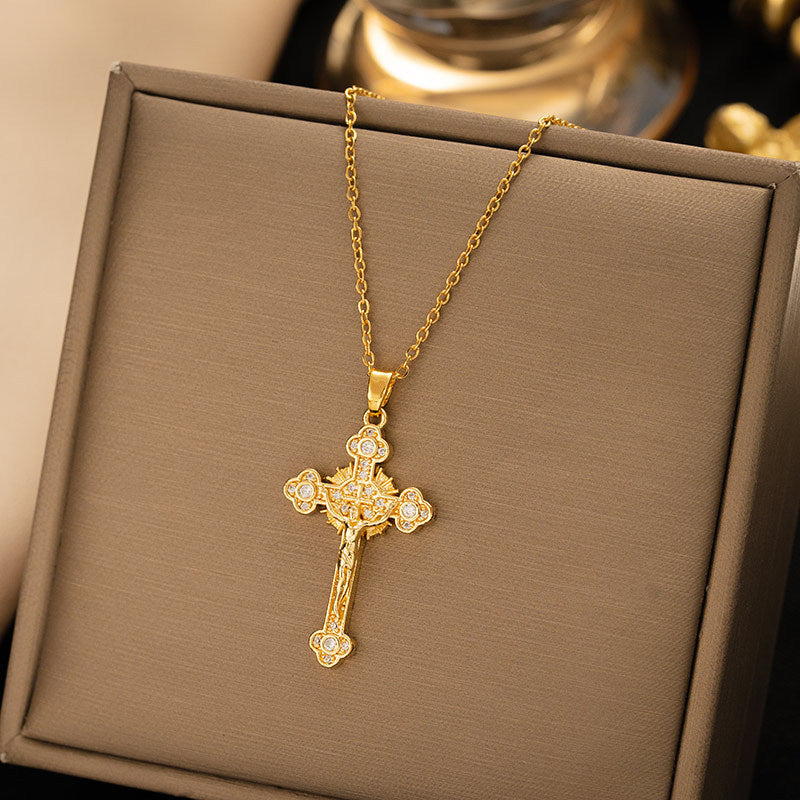 【titanium steel】necklace for women, cross-border fashion, full diamond colorful zircon cross pendant, high-end clavicle chain jewelry