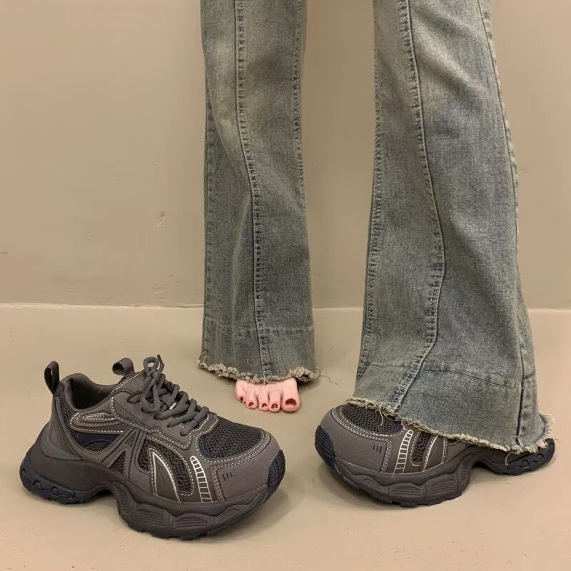 Vintage chunky platform sneakers for women - 2026 spring new arrival - height increasing, slimming, mesh breathable casual athletic shoes