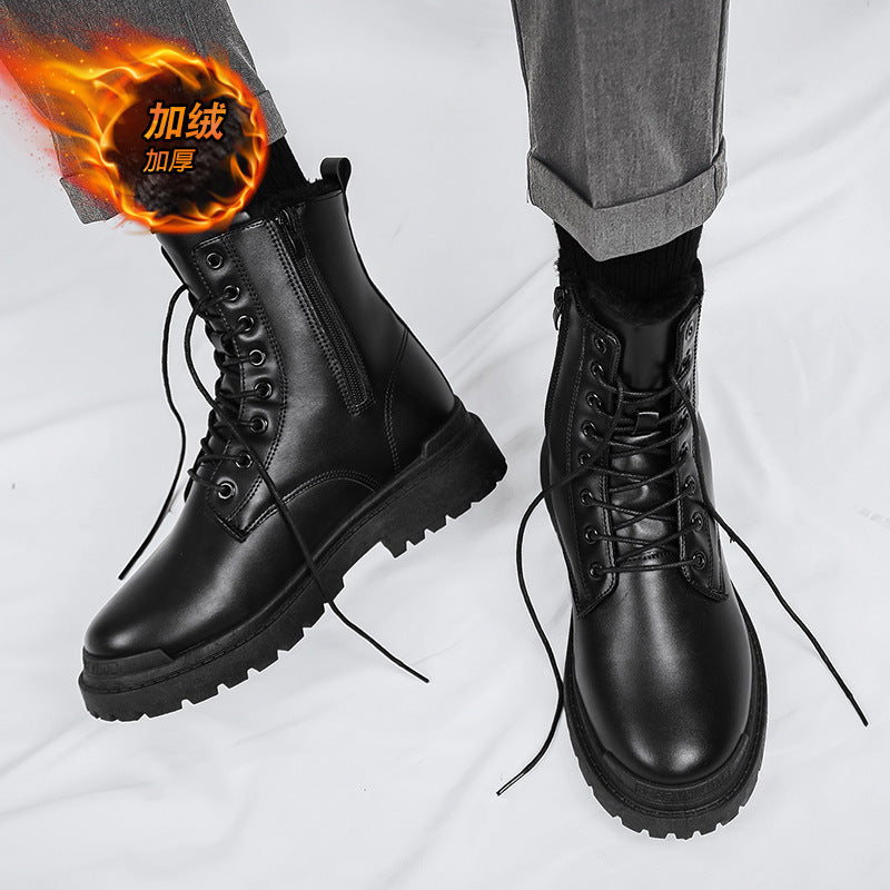 Autumboots black high-top trendy shoes british style motorcycle workwear leather boots winter height-increasing high-top leather shoes cotton shoes