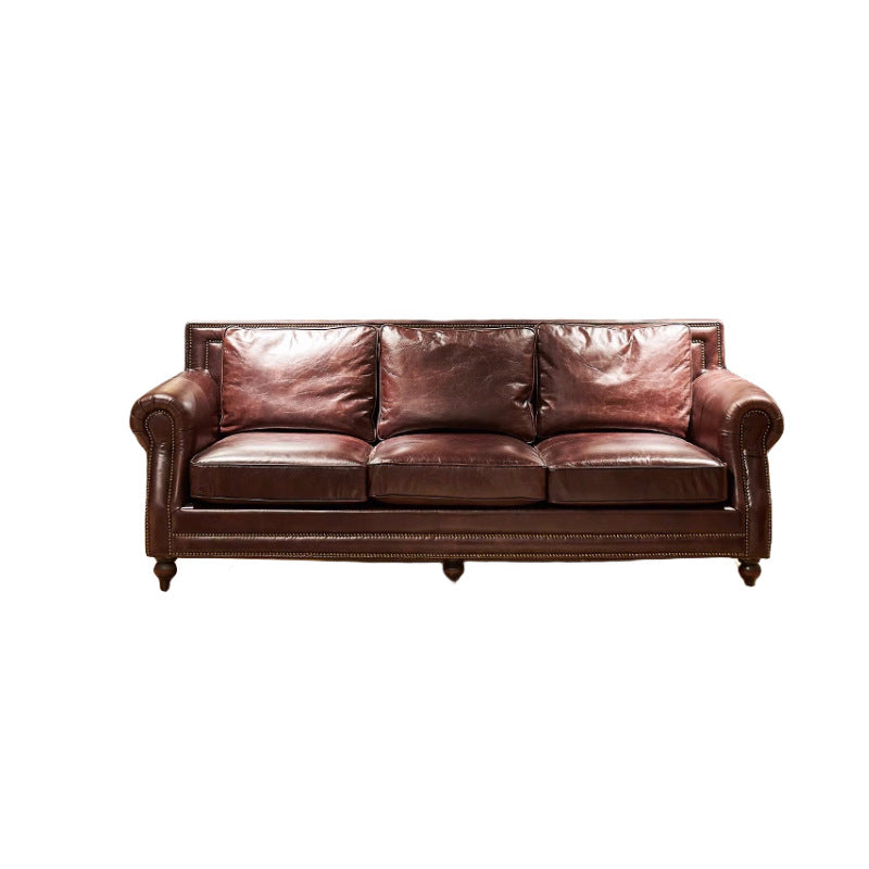 Second-hand style european and american style genuine leather sofa living room retro oil wax first layer cowhide straight row down living room rivet sofa