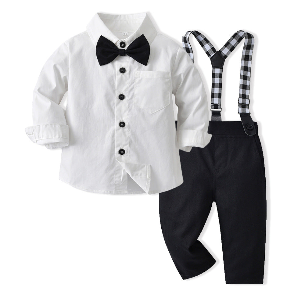 spring new boys' suit white shirt striped overalls two-piece gentleman's children's clothing wholesale customization