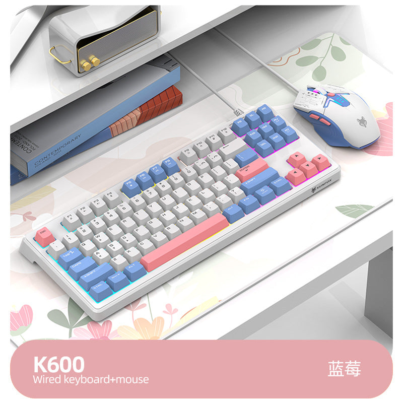 Dazzling silver fox k600 wired keyboard and mouse combo - 87-key rainbow backlit tri-color keycap office & business set