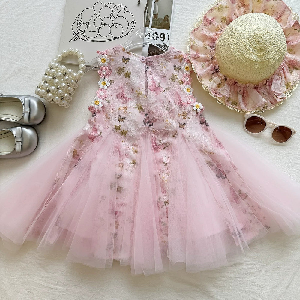 summer sleeveless girls' chic 3d floral dress - new embroidered lace mesh dress