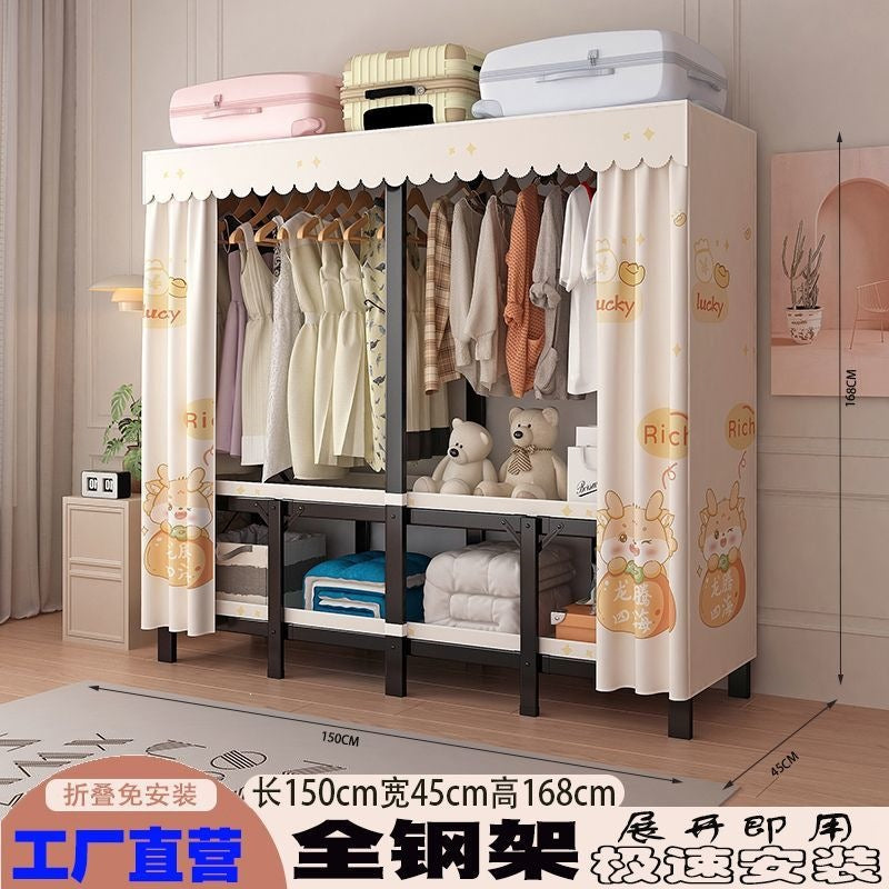 Foldable wardrobe - no assembly required, easy home use, bedroom steel frame, reinforced steel pipes, thickened, durable clothes rack for rental properties