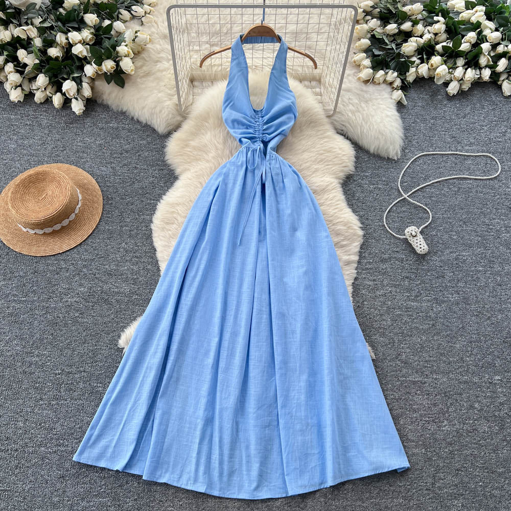 Accessible luxuryniche stylehalterdress women's summersexybacklessv necktie backwaist slimming lookholiday style long skirt