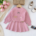 New autumn/winter girls' korean style knitted sweater set: bowknot long-sleeve pullover top and midi skirt two-piece outfit