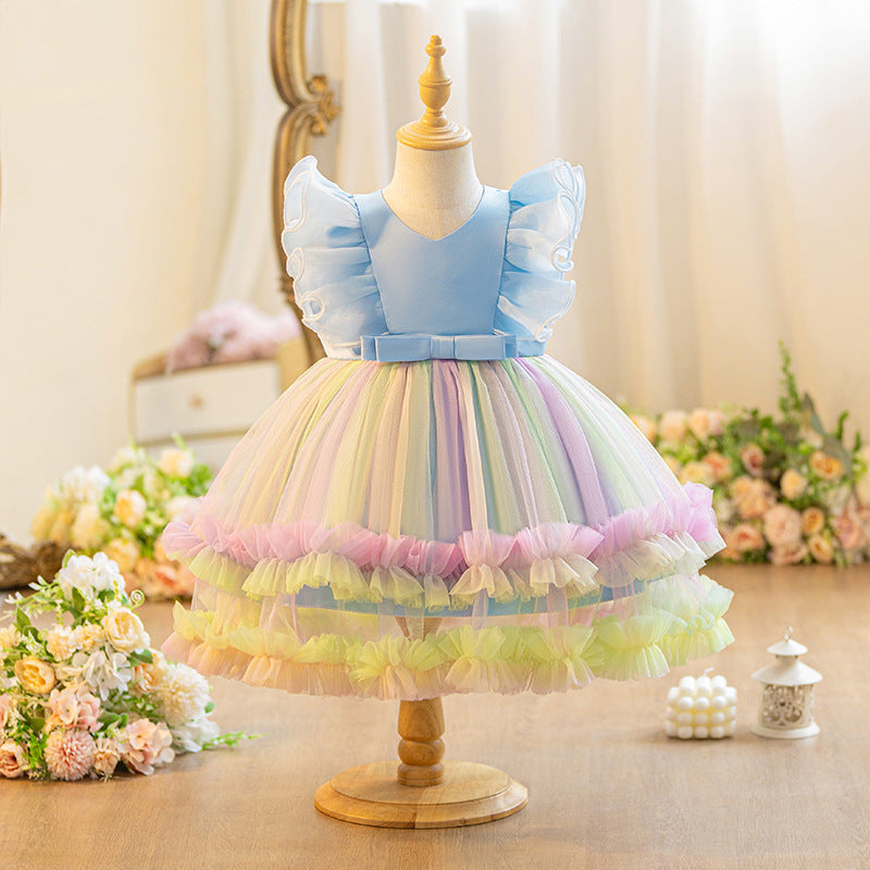 European and american new princess dress mesh print rainbow floral girl's wedding dress party baby's first birthday christening gown