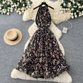 French riviera style halter floral dress - women's summer  high-waisted slimming yellow a-line maxi dress