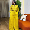 European and american cross-border women's fashion  spring/summer new collection: solid color cutout long sleeve shirt and wide leg pants casual set