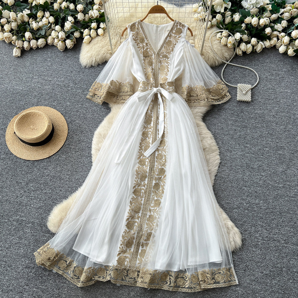 High-end elegant green embroidered a-line off-the-shoulder dress - women's mesh wide sleeve cinched waist tie-up maxi dress - perfect for work or special occasions