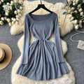 Frenchniche stylesense of design square collar long sleevesknittingdress female inner wear bottom waist slimming lookpleatedsweater skirt