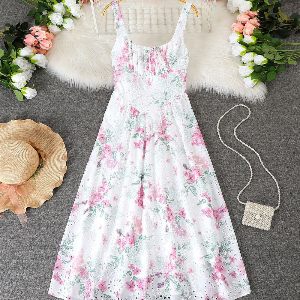 Women's european and american style white floral hollow-out embroidered midi dress, sleeveless square neck with tie-front detail