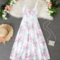 Women's european and american style white floral hollow-out embroidered midi dress, sleeveless square neck with tie-front detail