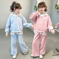 Girls' spring outfit : new stylish casual sporty lace-trimmed hooded jacket two-piece set for spring and autumn