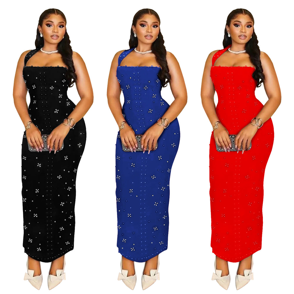 C7480 cross-border   fashion women's halter neck rhinestone beaded bodycon mini dress