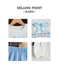 Girls' autumn skirt set for export: sky blue lace-trimmed skirt with round neck long-sleeve top and bow detail - two-piece outfit for children