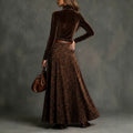 European and american retro style women's two-piece set: brown velvet base layer top with leopard print flowy maxi skirt