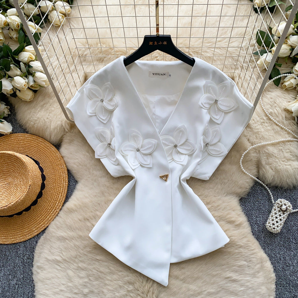 Korean style commute v-neck short sleeve loose shirt women's summer 3d floral embellished design cardigan top