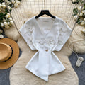 Korean style commute v-neck short sleeve loose shirt women's summer 3d floral embellished design cardigan top