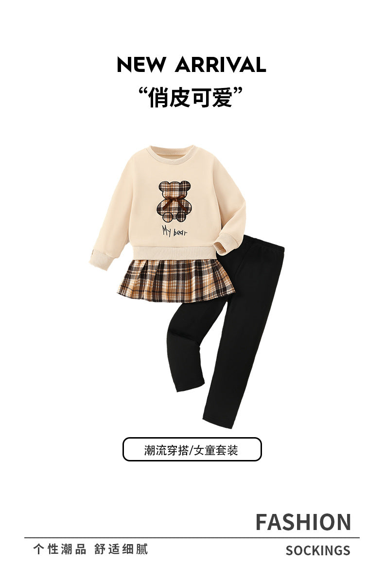 girl sweatshirt pants suit khaki bear fake two-piece skirt plaid pants skirt kidstwo-piece set