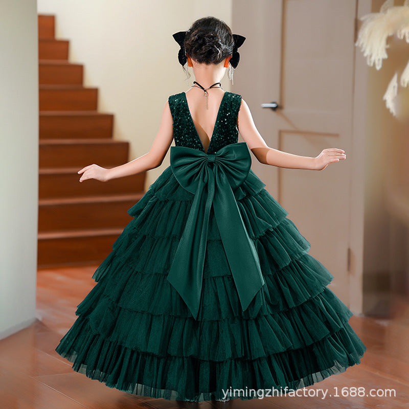 European and american custom girls' formal dress - deep v-back, puffy princess style, children's cake dress, ages 3-6